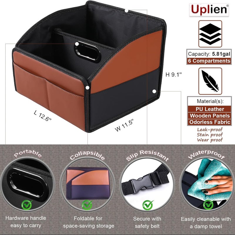 Uplien [2025 UPDATED] Leather Car Seat Organizer, Foldable Storage Box for Front Seat, Back Seats & Floor – Removable Divider, Metal Handle, Adjustable Anti-Slip Strap for Kids & Adults (Black & Brown) - Image 4